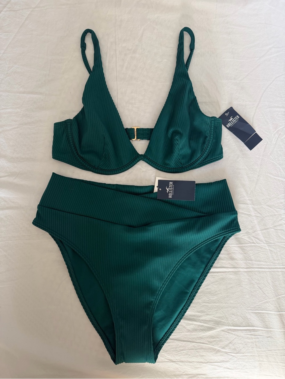 Hollister Women's Deep Teal Ribbed Underwire Bikini Set Size Small